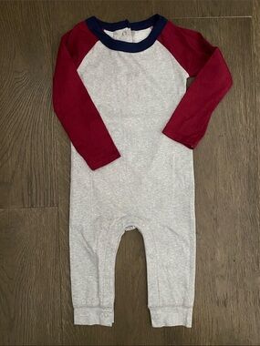 Organic Cotton One-Piece Bodysuit - Gray with Red Sleeves and Navy Trim